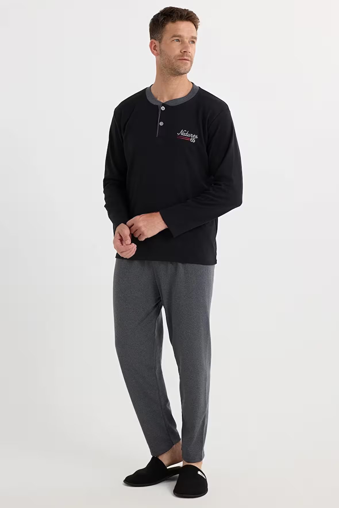 Erkek Regular Fit Pamuklu Düğmeli Yaka Beli Lastikli Desenli Gri Pijama Takımı